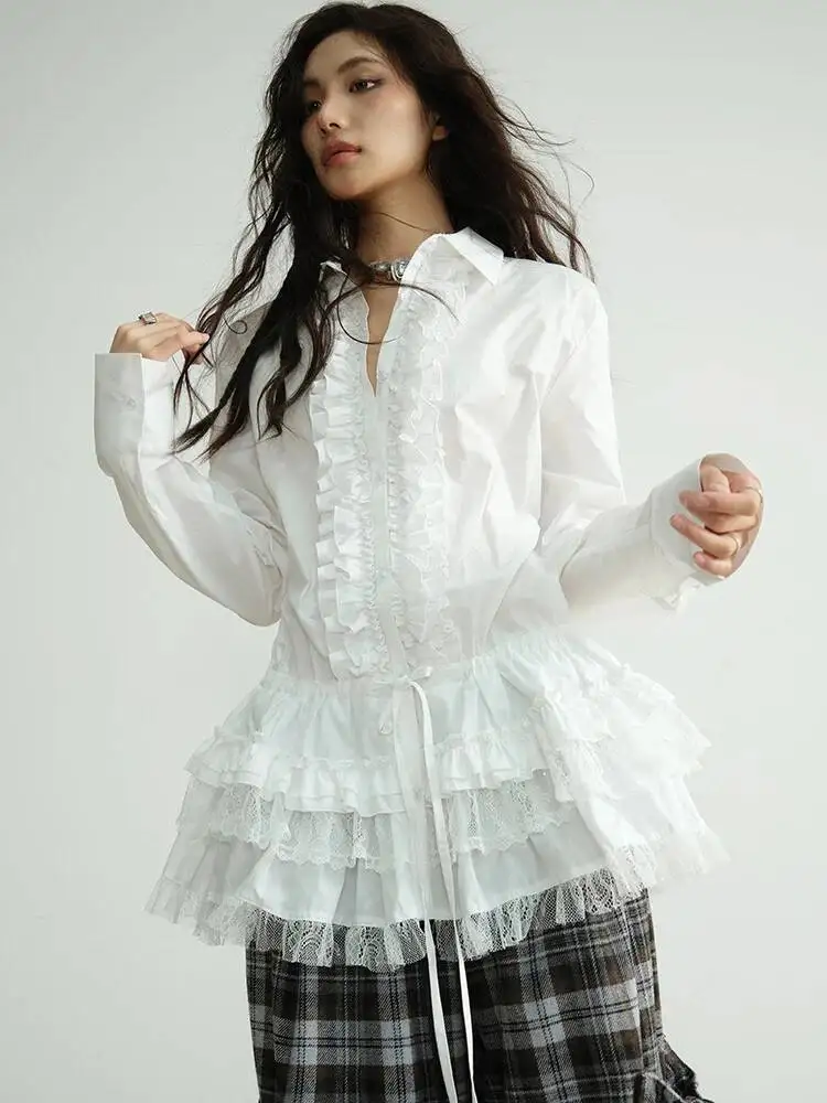 

Ruffles Lace Women White Big Size Elegant Blouse New Lapel Long Sleeve Shirt Fashion Spring Autumn 2026 1Q7T