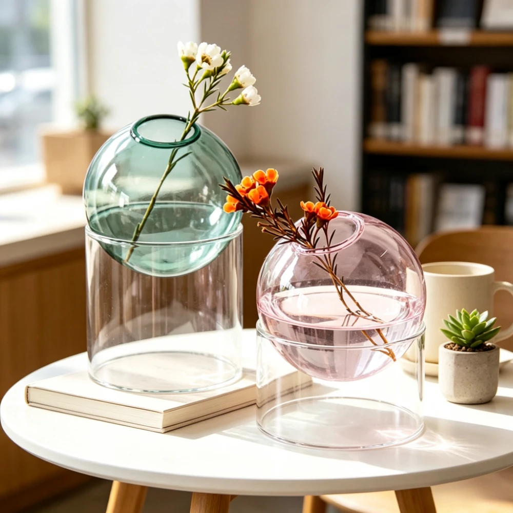 Colorful Spherical Glass Vase with Transparent Cylinder Stand Hydroponic Flower Arrangement Vase Home Tabletop Decoration