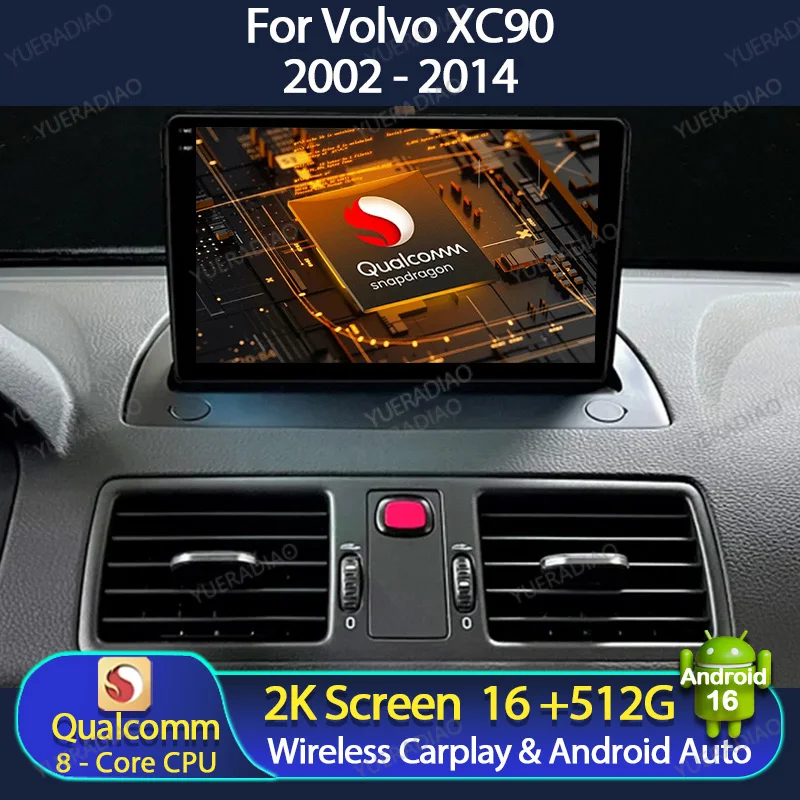 Rádio Automotivo Android 16 para Volvo XC90 XC 90 2002 2003 - 2014 Reprodutor Multimídia de Vídeo BT 4G LTE 5G WIFI 2DIN QLED GPS NAVI Qualcomm