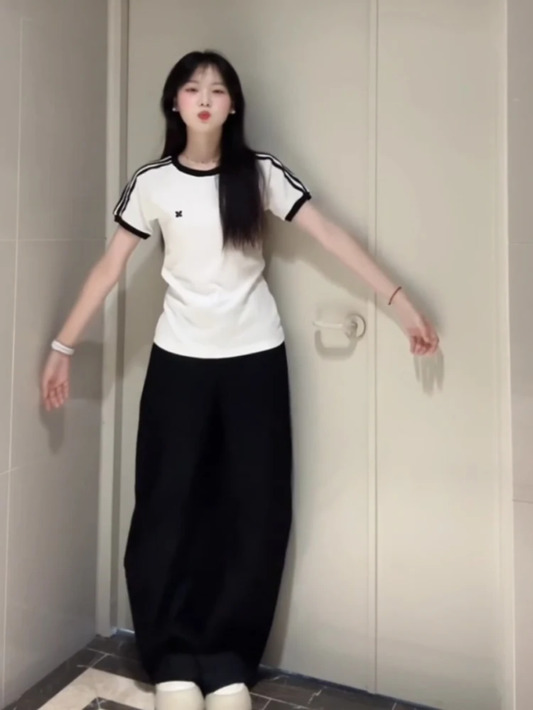 American Retro Color Blo oulder Stripe ort Sve T irt Women Summer Spicy Design Casual ort Top Cotton Polyester B...