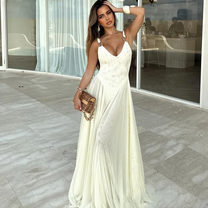 

Spring new sexy slim fit V-neck backless camisole long skirt temperament mesh dress