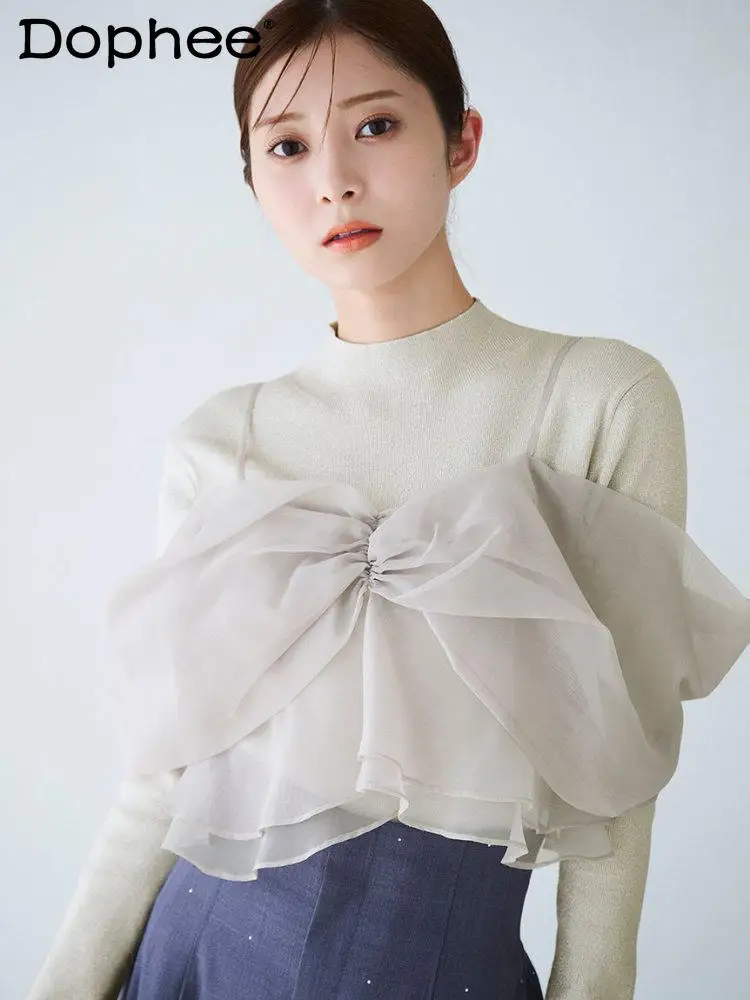 

2026 Spring New Japanese Sweet Cute Girl Bow Design Slim Knit Top Two-Piece Set Daily Commute Casual Top