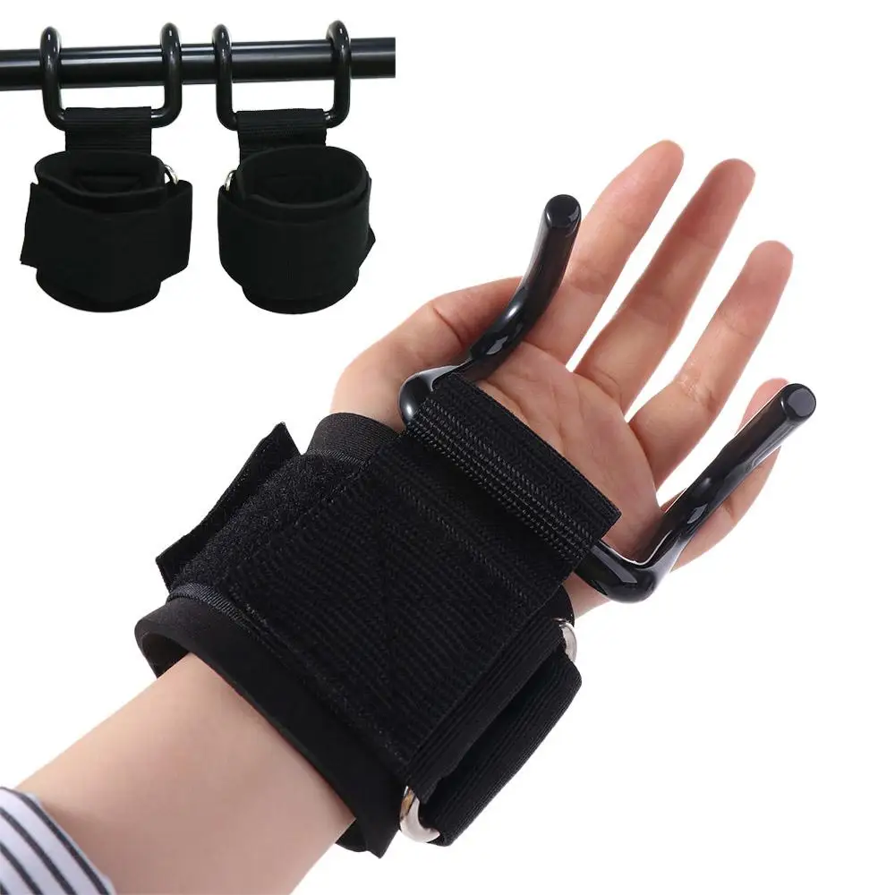 

1 pair Pull-up Weight Lifting Grip Hook Non-Slip Adjustable Auxiliary Power Wrist Guard Black With Hook Steel Hook Grips Strap