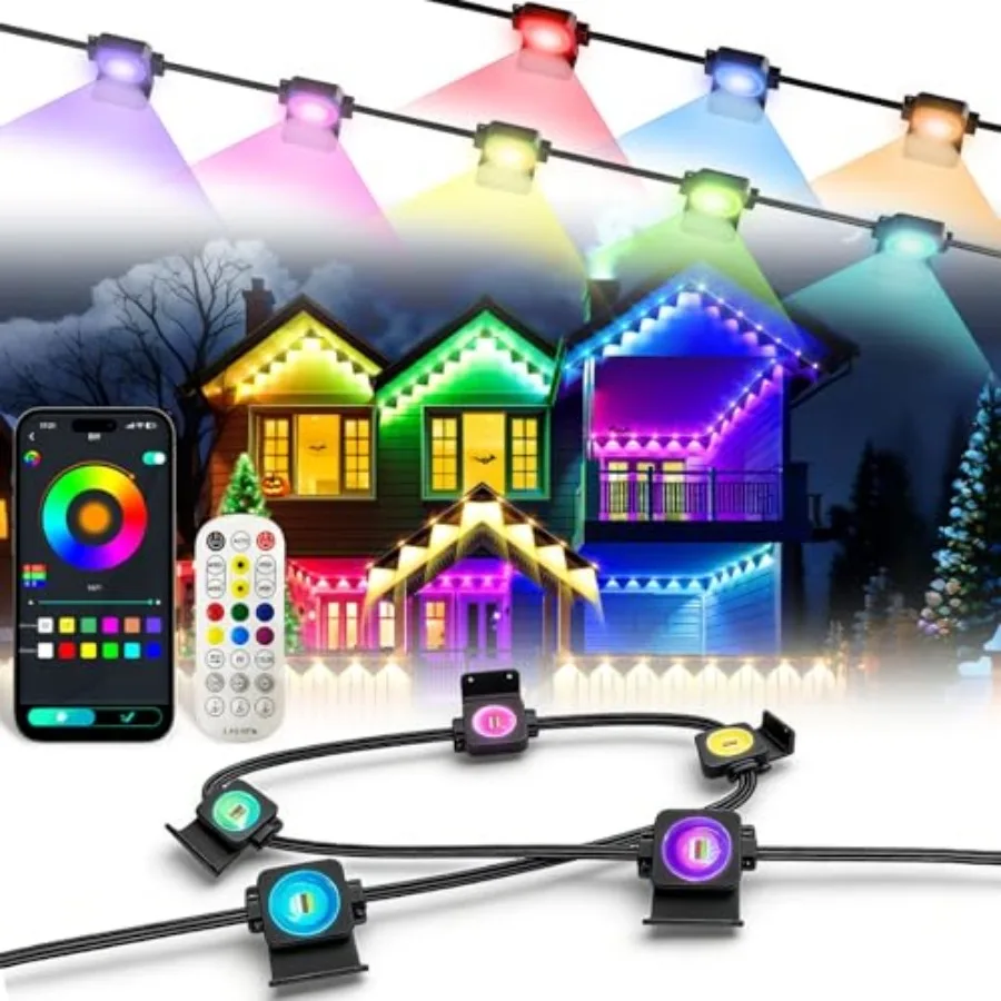 

Уличные светодиодные светильники Permanent Outdoor Lights Pro RGB+IC Smart с управлением через приложение/пульт, для декора на Рождество и Хэллоуин, с различными режимами, водонепроницаемые IP67, для уличного освещения.