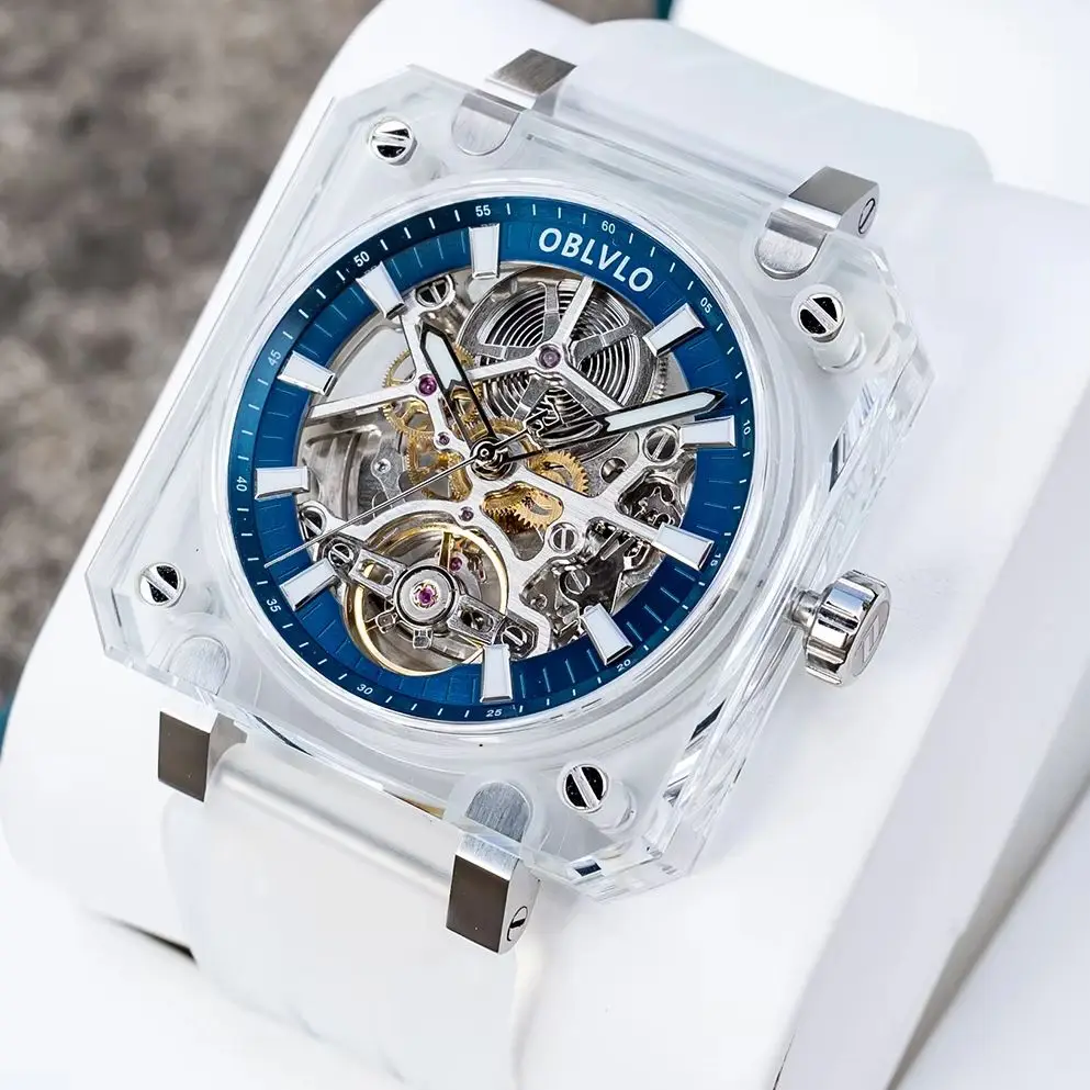 OBLVLO Men's Skeleton Automatic Mechanical Watch Square Transparent Case Waterproof Rubber Strap Luxury Sport Watch