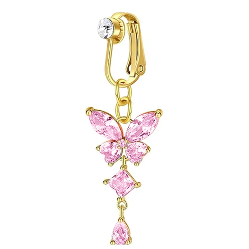 Clip On Bauchnabelring Schmetterling Kupfer Zirkon Rosa Fake Bauchnabelpiercing Nabelschnur Nabel Körperschmuck Trendiger Modestil