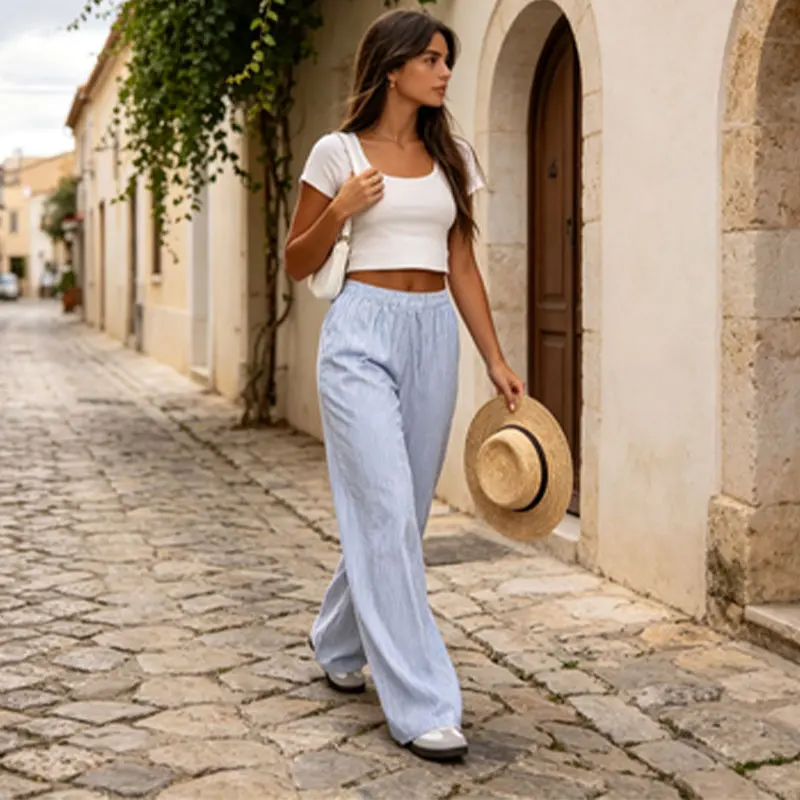 Women Striped Straight Long Pants Elastic High Waist Casual Loose Trousers Summer Daily Streetwear