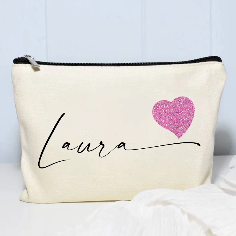 Cute Heart Name Makeup Bag Custom Bridesmaid Gift Travel Cosmetic Organizer Canvas Toilet Pouch Ladies Side Bag Purse Low Price