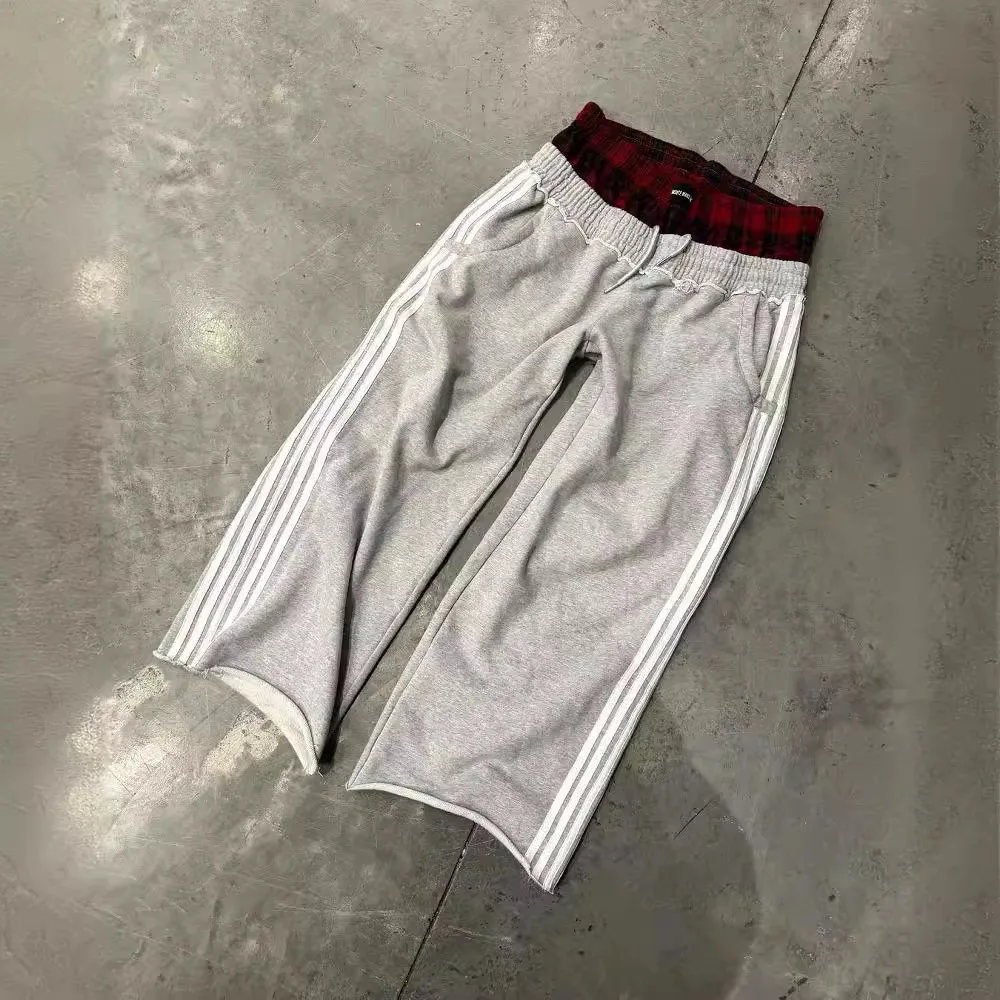 American casual sports pants with three-bar splicing plaid on the side comfortable loose straight sweatpants street style