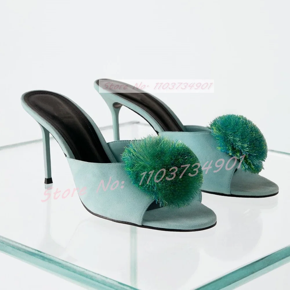 

Fluffy Ball Round Toe Flock Slippers Female Elegant Thin High Heels Shoes Ladies Comfortable Casual Fashion Nifty Sexy Mules