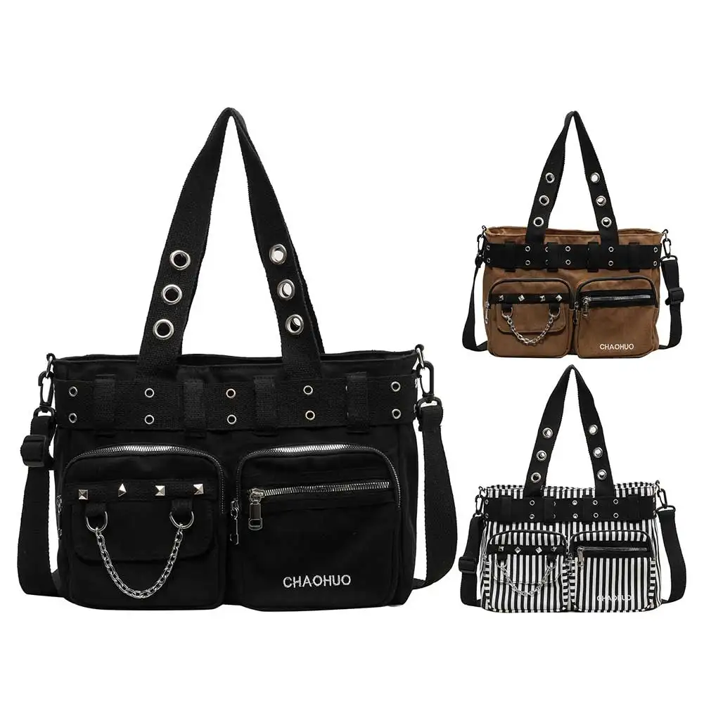 

Женская сумка через плечо в стиле рокабилли с цепочкой, парусиновая сумка через плечо с заклепками, застежка-молния, готическая сумка-саквояж, женская уличная сумка