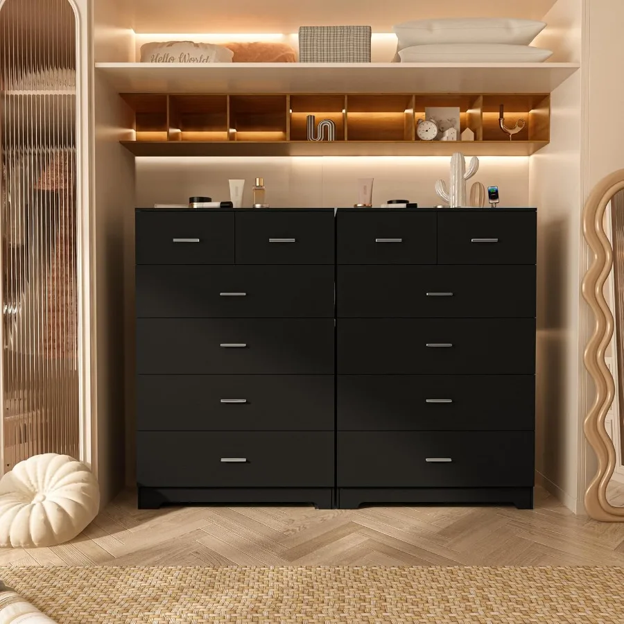 Wooden 6-Drawer Dresser with Integrated Power Outlets and Large Storage Organizer in Black Finish Tall Modern Chest of Drawers