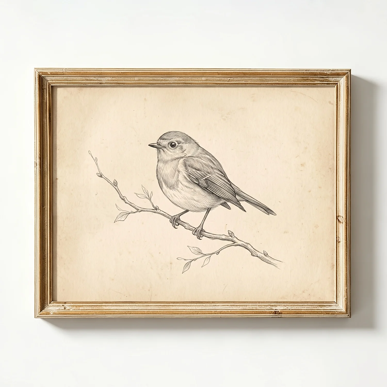 (No frame)2D Flat, Posters And Prints Unframed Vintage Songbird Canvas Print, Detailed Pencil Sketch of Small Bird on a Leafy