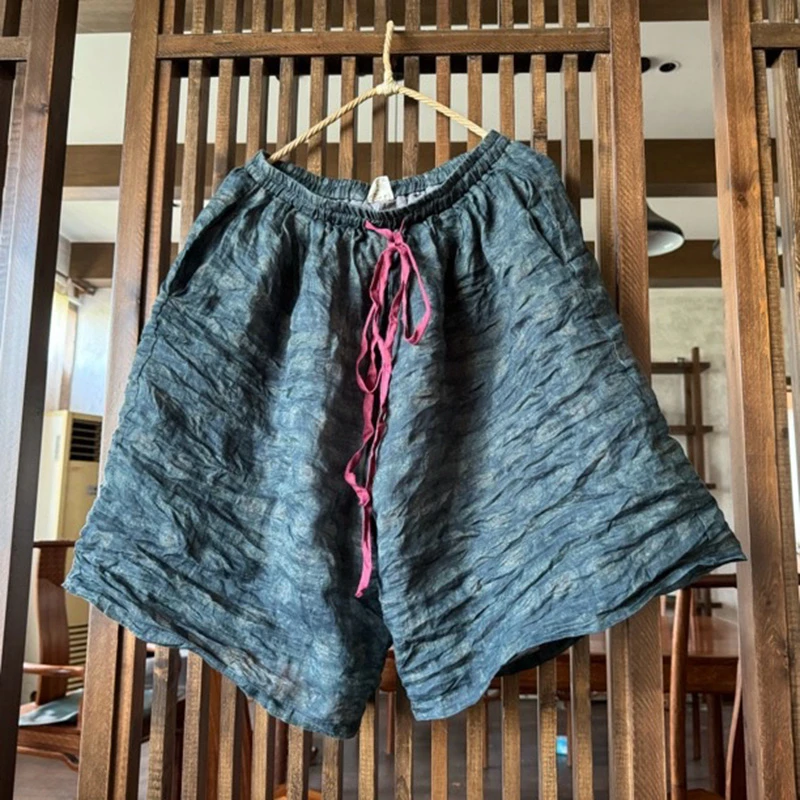 100% lin femmes Shorts décontracté nouveauté 2025 été Style Vintage imprimé fleuri ample confortable femme pantalons courts T478