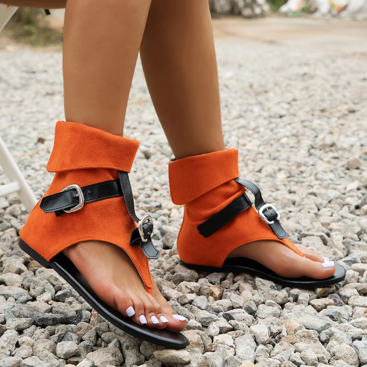 Summer Women Sandals Trend New Clip Toe Roman Sandals Denim Belt Buckle Large Size High Top Flat Boots Dressy Casual Shoes Women