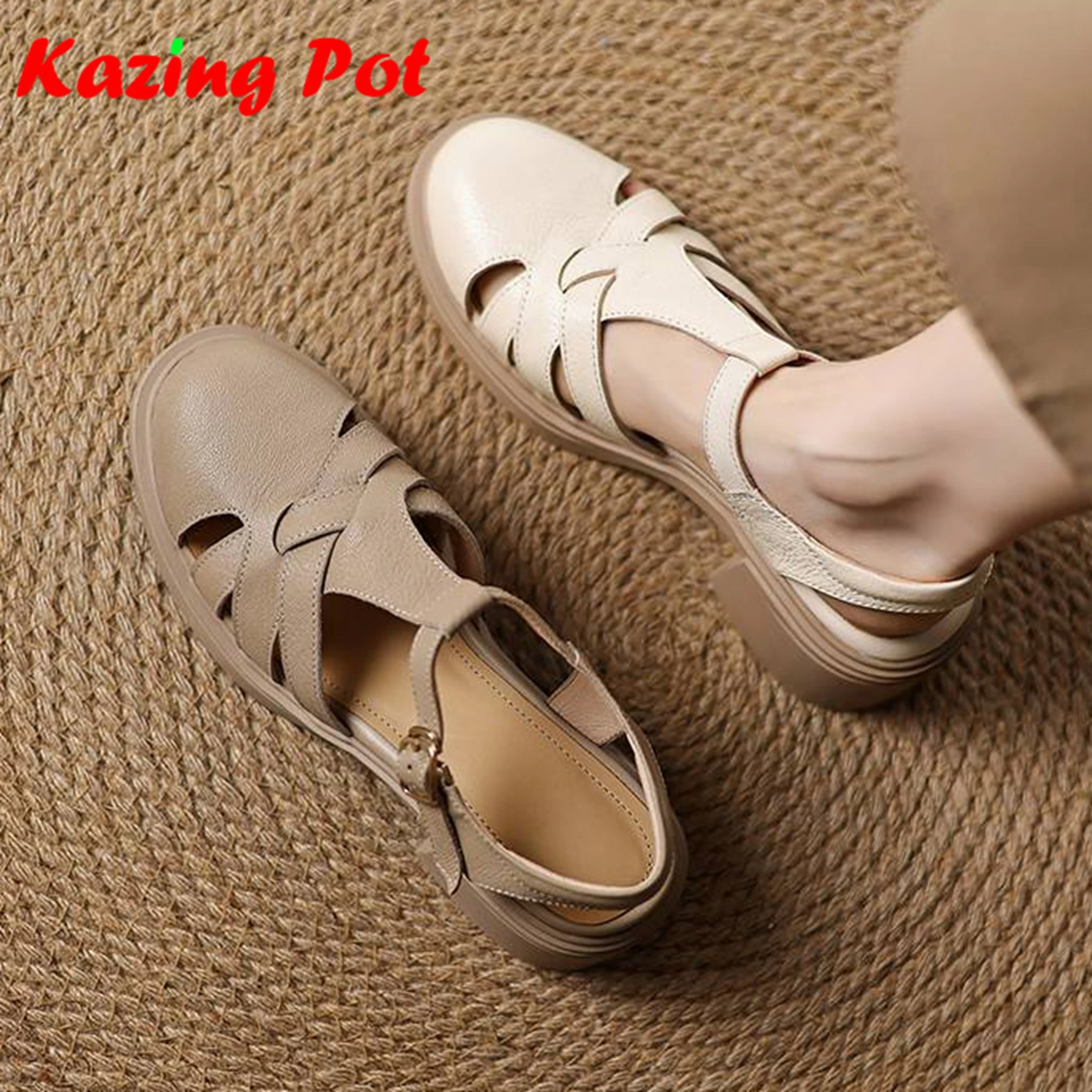 

Krazing Pot, винтажная летняя обувь из овчины с круглым носком, размер 42, женские непромокаемые туфли-лодочки на среднем каблуке с полым украшением в стиле ретро