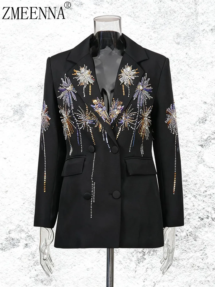 

ZMEENNA Women's Black Double Breasted Blazer Embellished Sequin Starburst Firework Design Lapel Long Sleeve Outerwear ZM4247