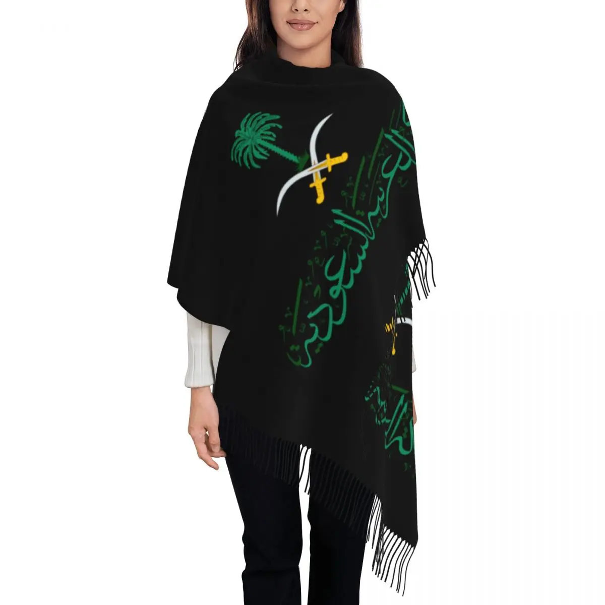 Custom Ladies Large Saudi Arabia Emblem Arabic Calligraphy Scarves Women Winter Fall Thick Warm Tassel Shawl Wrap Scarf