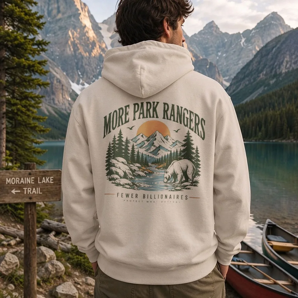 More Park Rangers Fewer Billionaires Mountain Bear Sunset Graphic Nature Forest Back Print Pullover Outdoor Camping Casual Tops