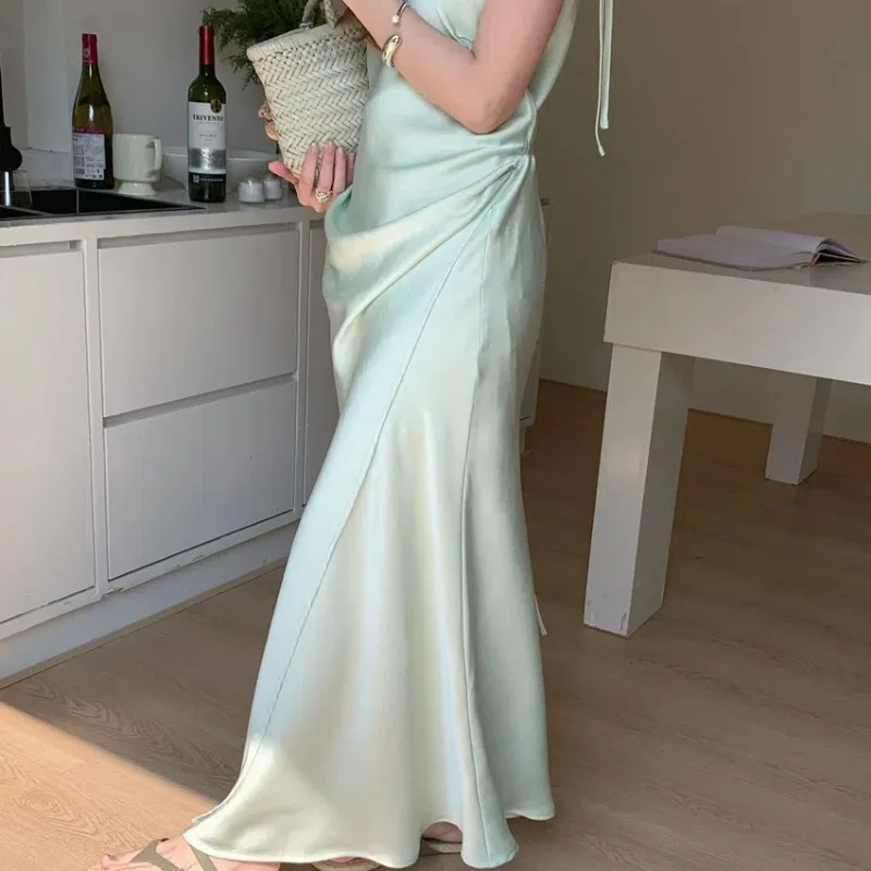 Texture Satin Sleeveless Sling Bandage Long Dress Women Summer High-fashion Edge Slim Waist Spaghetti Strap Sundress Female 2025