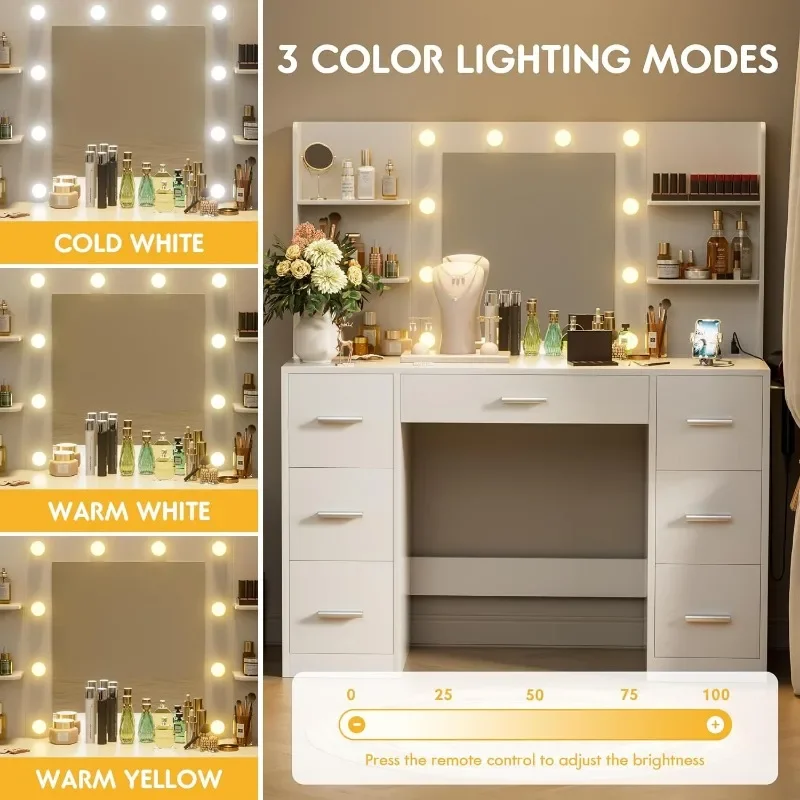 Bureau de courtoisie avec 3 modèles de miroir 4.2 par LED et prise de courant, avec 7 égouts de proximité et 6 étagères de rangement pour chambre à coucher et IQUE Room