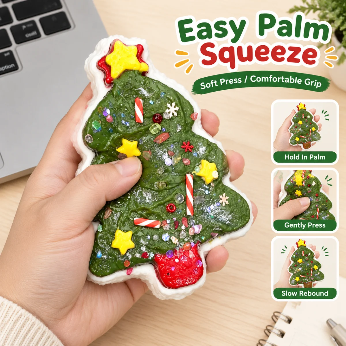 Christmas Tree Shape Squishy Toy Food Grade Silicone Green White Soft Squeeze Sensory Toy With Snowflake And Sequin Decoration