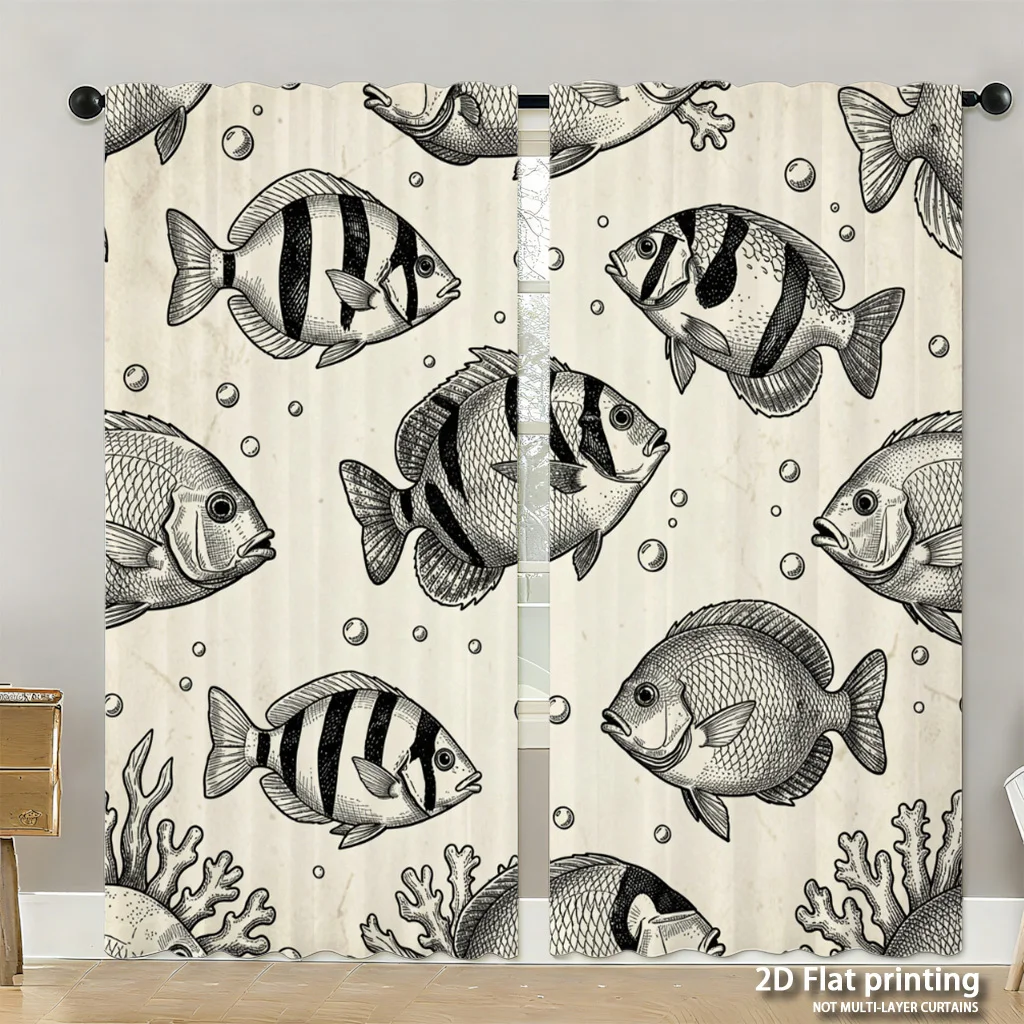 Vintage Fish Curtain, Retro Sketch Sea Life Window Drape, Marine Animal Print Home Decor Black White Ocean Theme Kitchen Textile