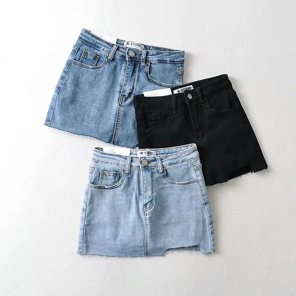 Mini jupe courte en denim pour femmes, sexy, slim, solide, taille haute, ronde, hanche, poches, basique, jean, ligne A, décontracté, été