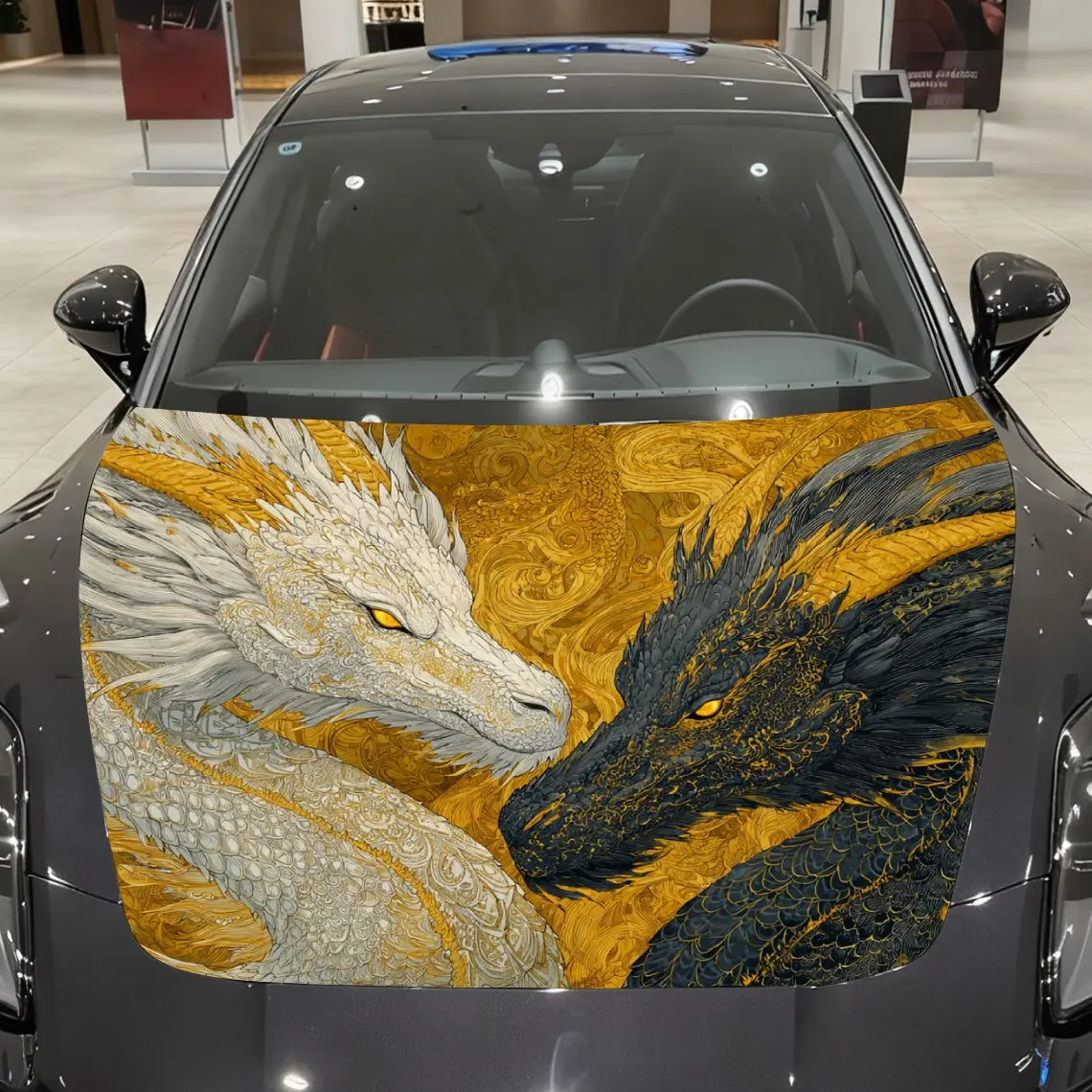 

Black Dragon And White Dragon Car Hood Vinyl Wraps Sticker, PVC Waterproof Car Bonnet Decals, Self-Adhesive Scratch-Resistant St