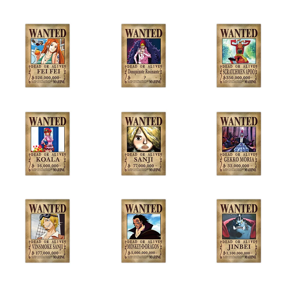 56 pezzi Anime One Piece Wanted Poster adesivi Cool Cartoon Decal Laptop Notebook Decorazione del telefono Adesivo da parete Graffiti