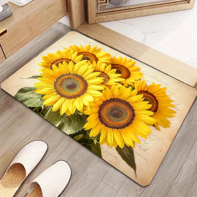 2D Flat Sunflower Bouquet Flannel Door Mat Non Slip Absorbent Entryway Rug for Kitchen Bathroom Living Room Home Decor