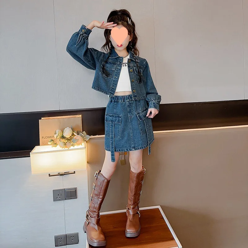 Baby Girl Clothes Suit Fashionable New 2024 Spring Autumn Set Boy Girl Spring Dress Spring Big Child Denim Skirt 2-piece Set