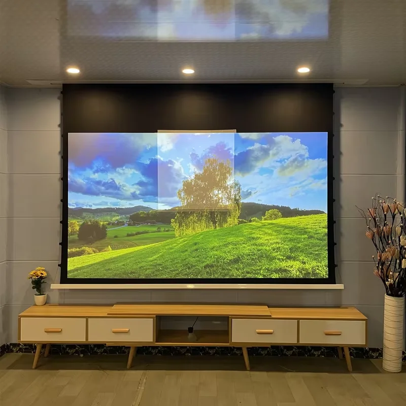 Deluxe 3D 8K In-ceiling Recessed 100 Inch 16:9 Electric Motorized Tab-Tension Projector Projection Screen For Home Cinema