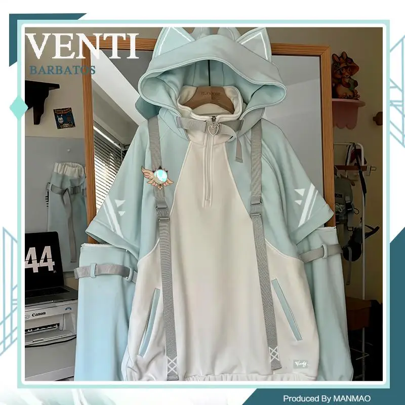 أنيمي جينشين تأثير Venti سمة تأثيري الكرتون هوديي معطف القط الأذن تصميم الخريف والشتاء الملابس اليومية هدية عيد الميلاد