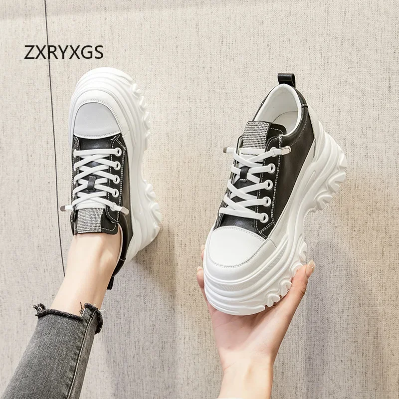 ZXRYXGS 2025 Spring Lace-up Women Genuine Leather Sneakers Thick Sole Inside Increase Wedges High Heels White Black Tide Shoes