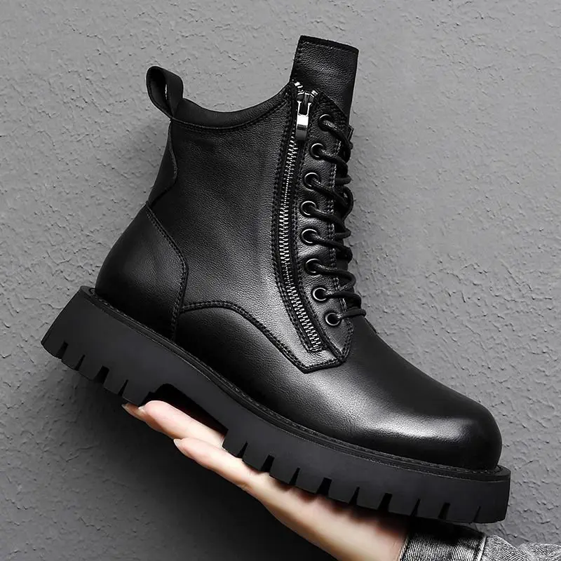 2024 Men's High-top Soft Leather Medium-top Thick-soled Tooling Locomotive Versatile Heightening Winter Velvet Cotton Shoes