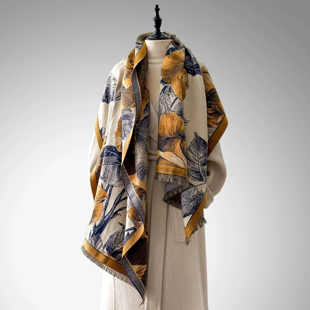 Women's Elegant Double-Sided Floral Jacquard Pashmina Shawl - Winter Thick Warm Tassel Coldproof Windproof Blanket Scarf
