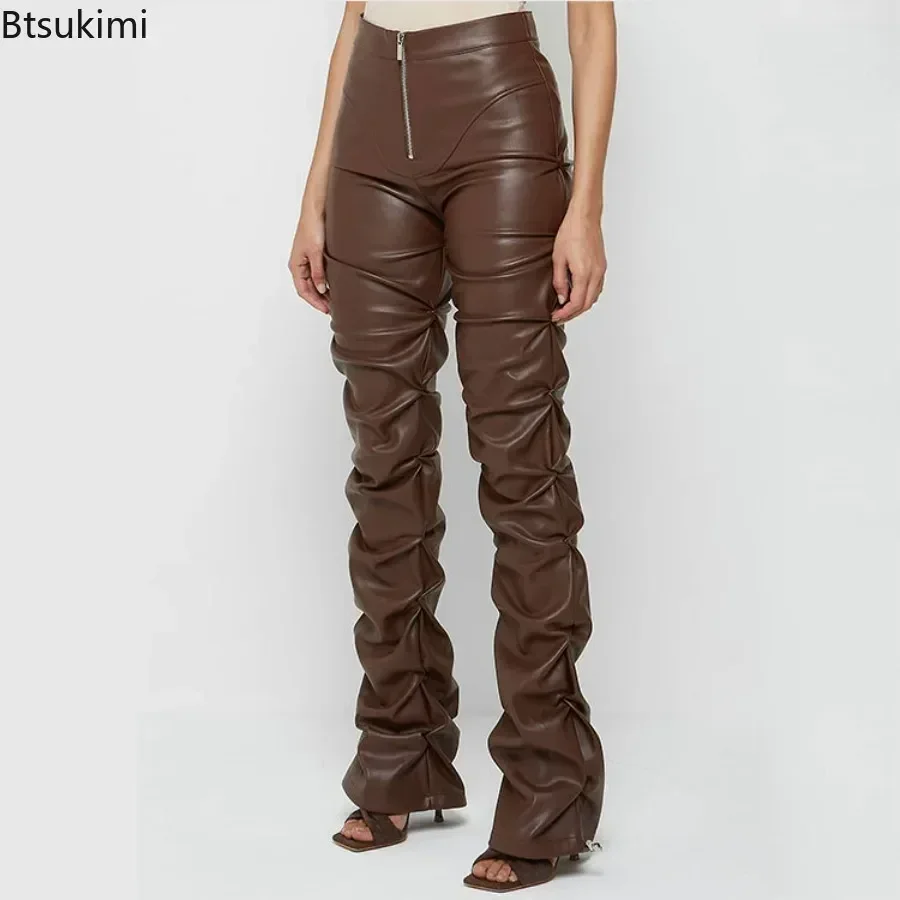 

2025 Women's PU Leather Pleated Pants High Waist Stacked Trousers Women Slim Hipster Street Style Long Trousers Hot Trend Pants