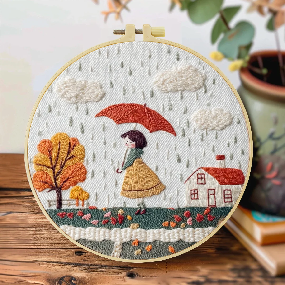 1 Stück 20X20CM/15X15CM 7,87/6,3 Zoll Ein kleines Mädchen, das an einem regnerischen Tag einen Regenschirm hält Taschen-Stickerei-Starter-Kit DIY-Kit Heimdekoration – Detail 5