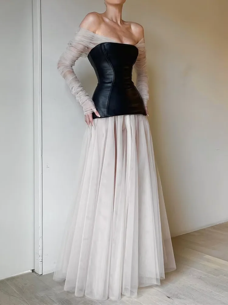 Fashion Black-Ivory Strapless Floor-Length Tulle Party Gowns Dresses For Wedding Long Formal Evening Dresses 2024