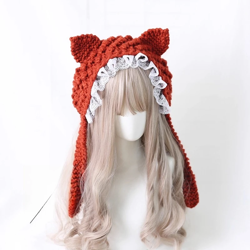 الفتيات اليابانية الناعمة في الخريف والشتاء حلوة (خبز على شكل أذن القط على البخار) قبعة صوف محبوكة لحماية الأذن