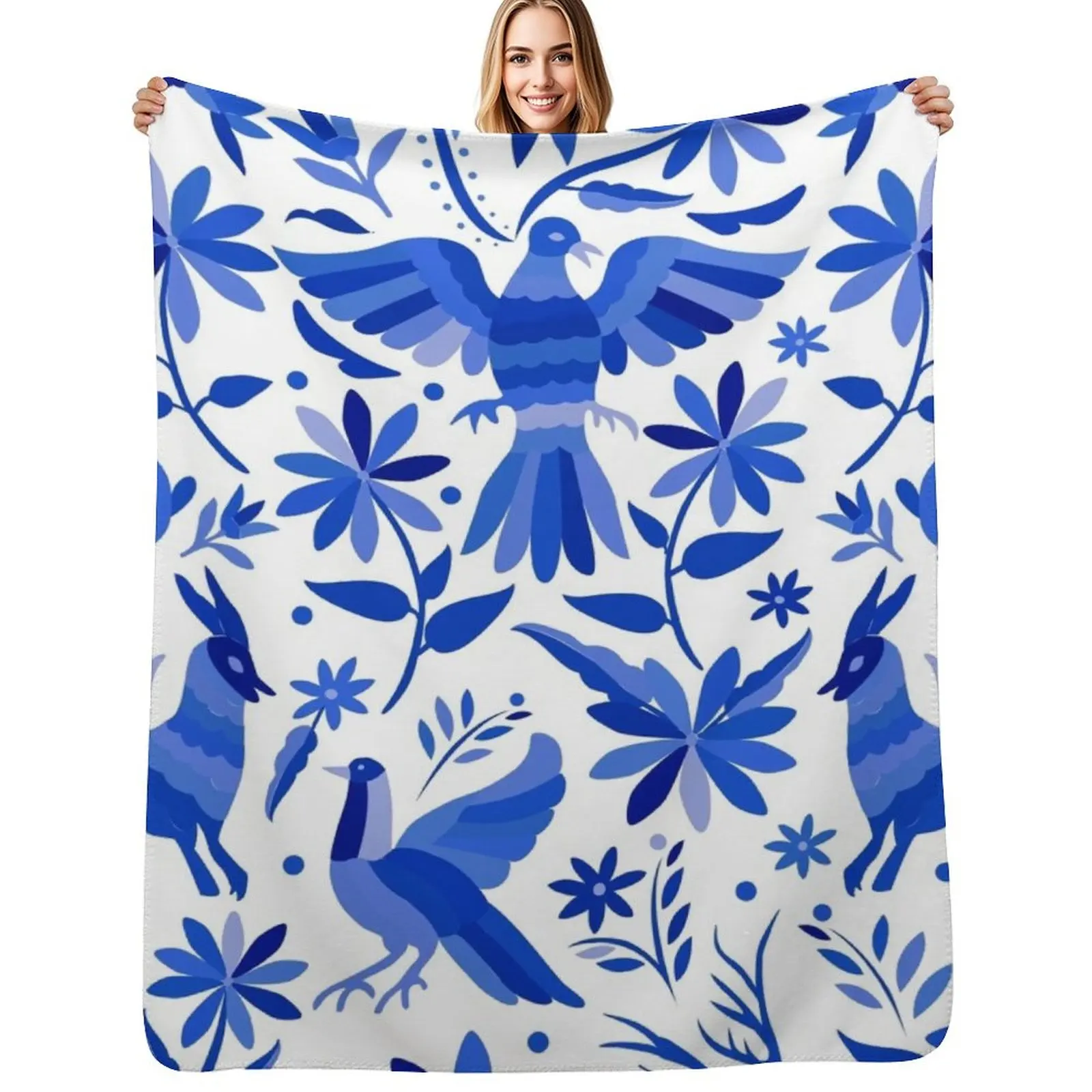 

Mexican Otomi Design in Blue Throw Blanket Warm Flannel Blanket for Couch Chair Bedroom