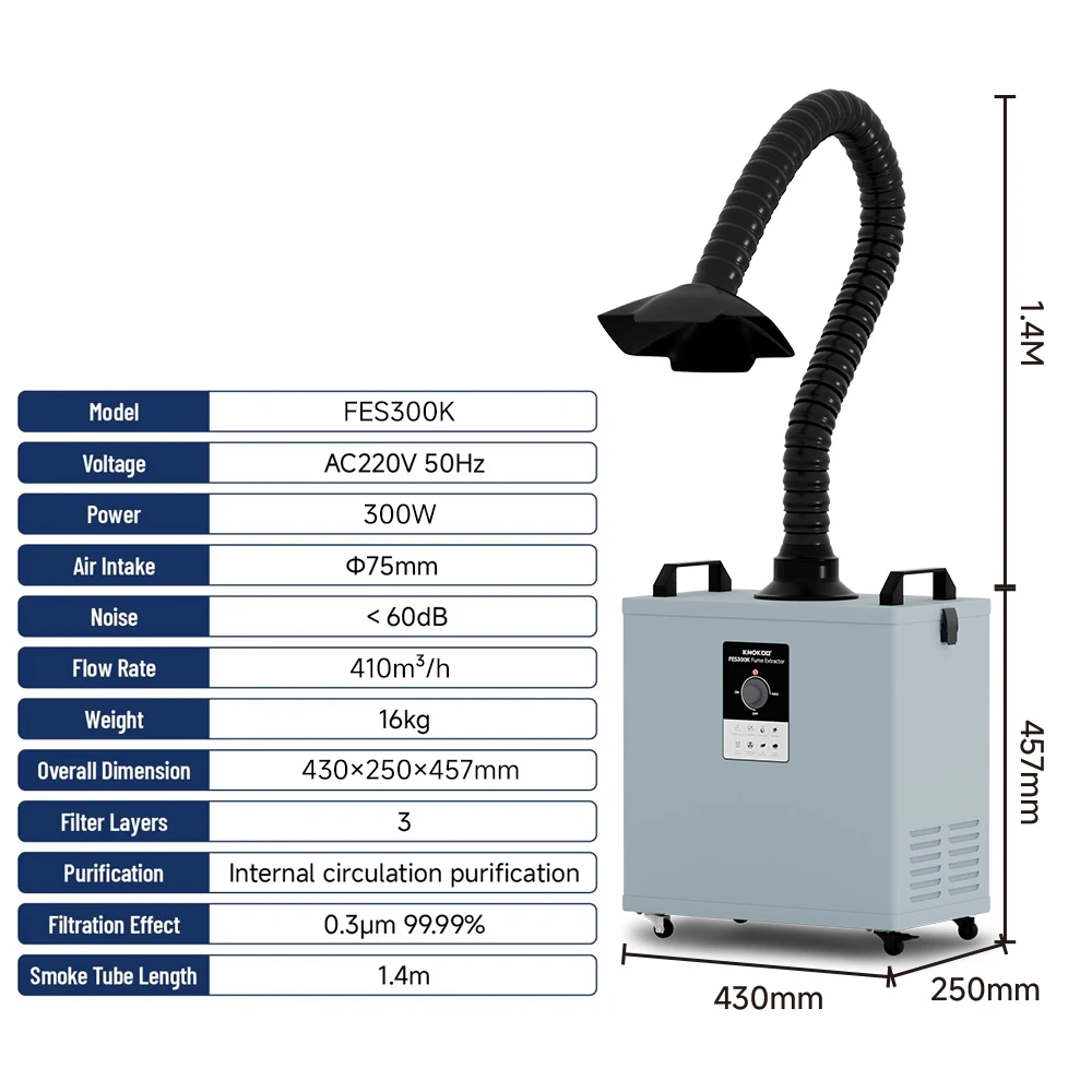 Solder Fume Extractor,300W Suction Smoke Absorber Remover with Air Volume 410m³/h,3-Stage Filtration,Many shapes Hood Available