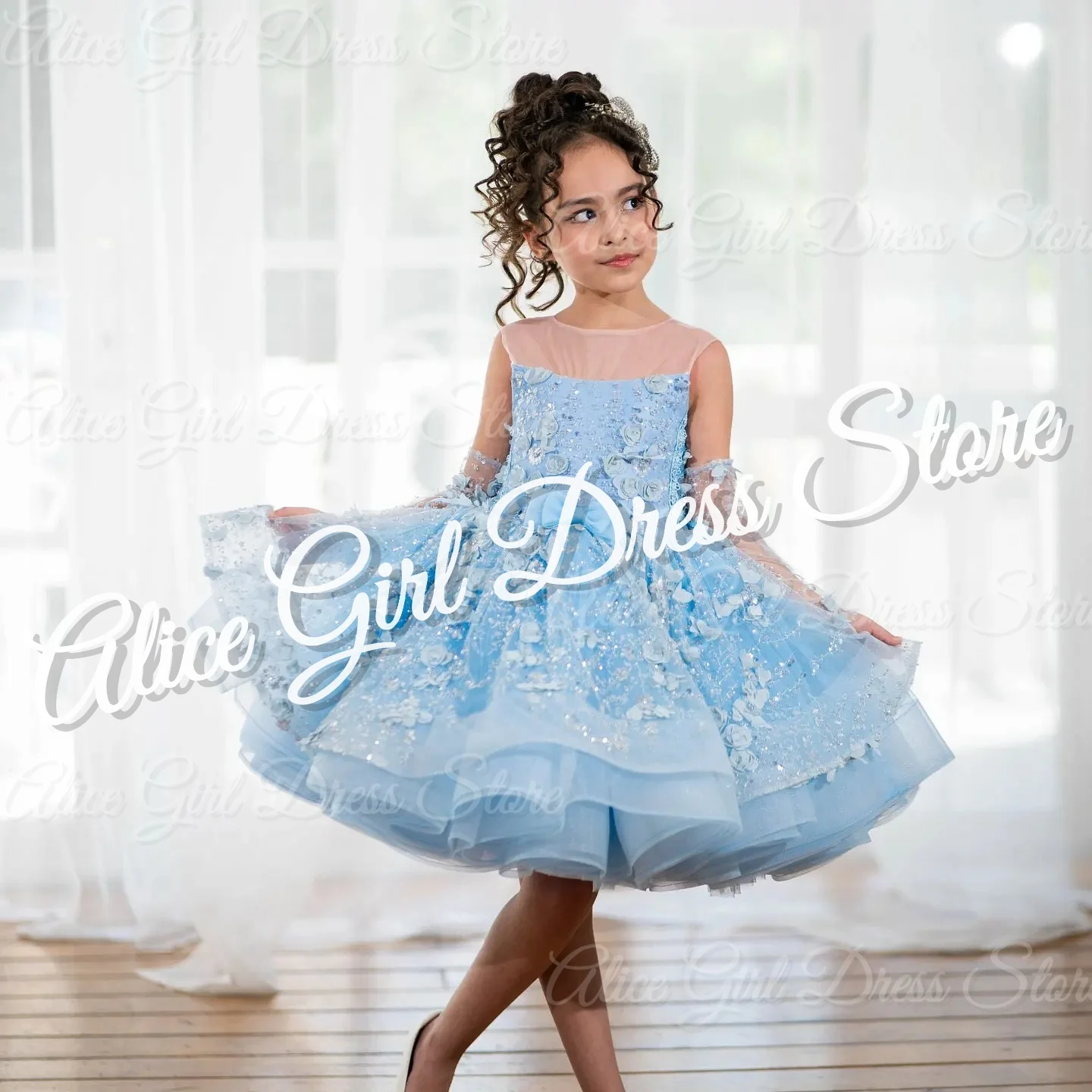 

Синие милые платья с цветочным узором для девочек по индивидуальному заказу на свадьбу, кружевные аппликации и блестки, детские бальные платья для первого причастия, дня рождения