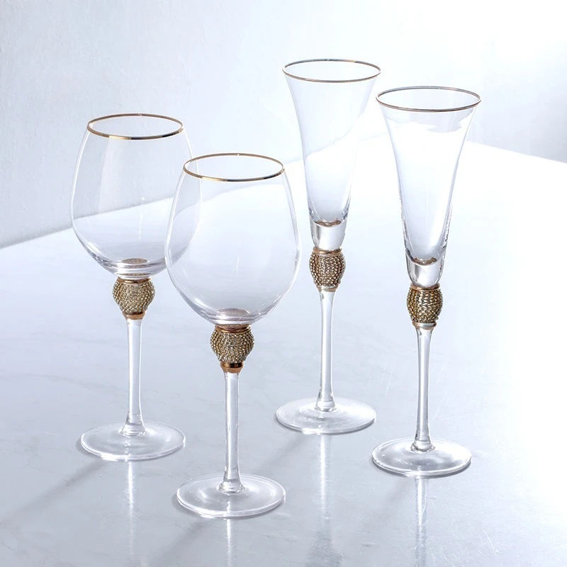 Luxury Diamond Gold Rim Highball Glass Set Crystal Vintage Red Wine Champagne Cocktail Cups