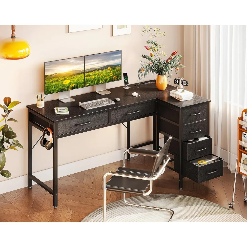 Mesa em forma de L de 50 polegadas com gavetas, mesa de computador com tomadas elétricas, mesa de escritório doméstico com 6 gavetas