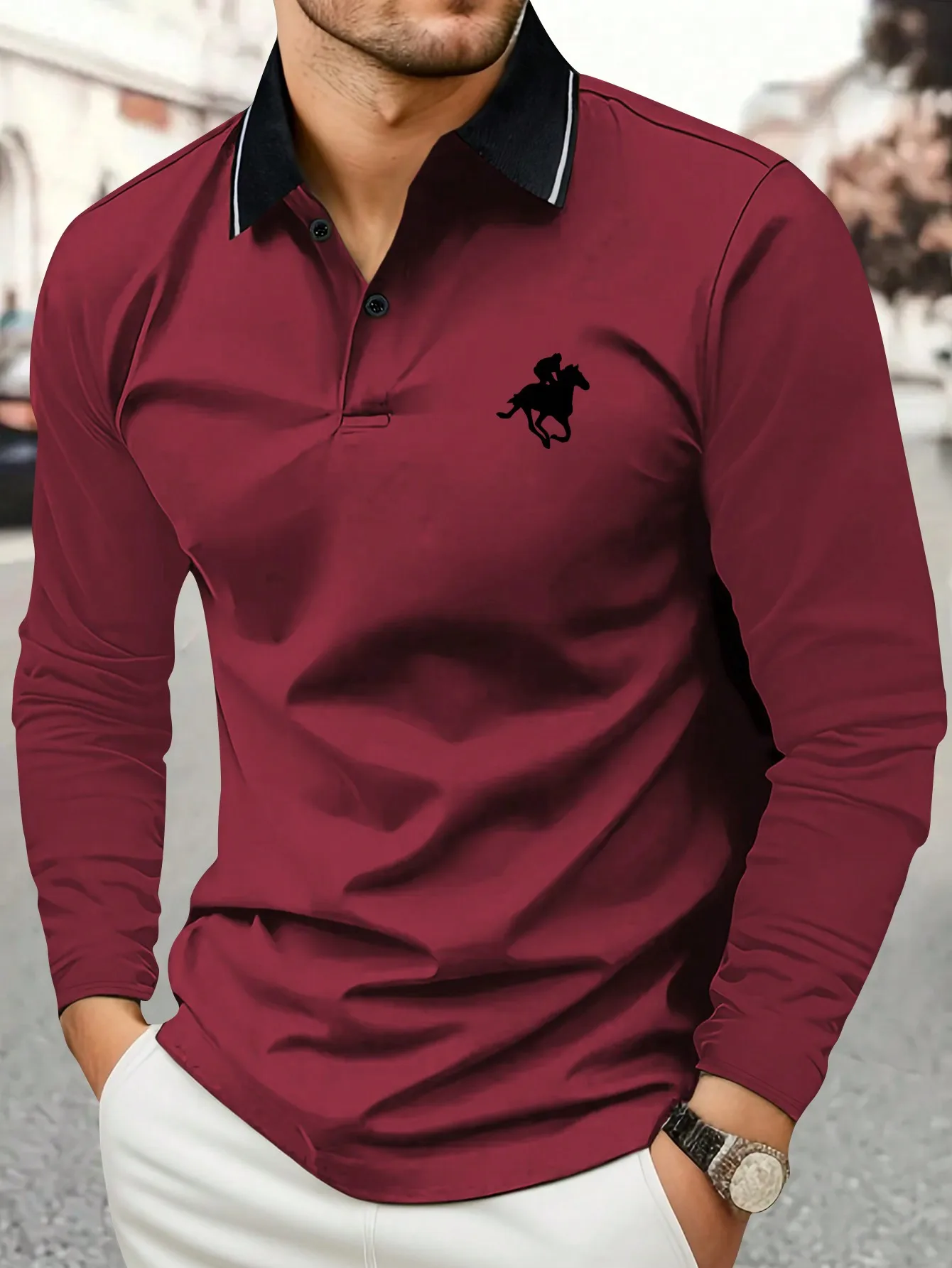 

Men's Burgundy Long Sleeve Polo Shirt with Equestrian Silhouette Print, Casual Sporty Fit for Spring Fall