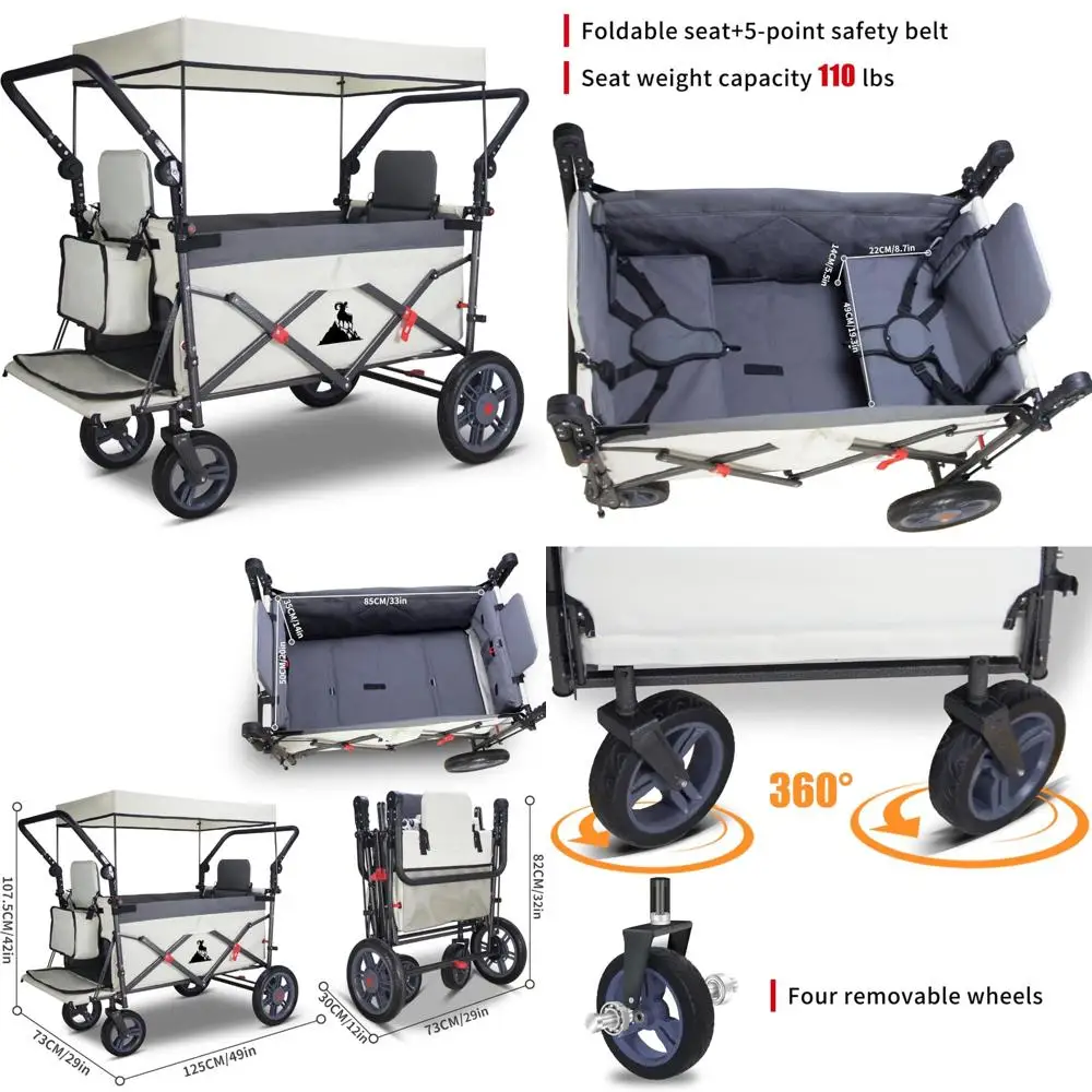 

Collapsible Utility Wagon with Canopy and 2 Seats for Camping and Picnics - Adjustable Handle and Expandable Front