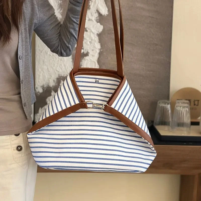 

Women New Korean-style Niche Large-capacity Striped Tote Bag Shoulder Bag Canvas Bag Commuting Daily Female Purse and Handbag