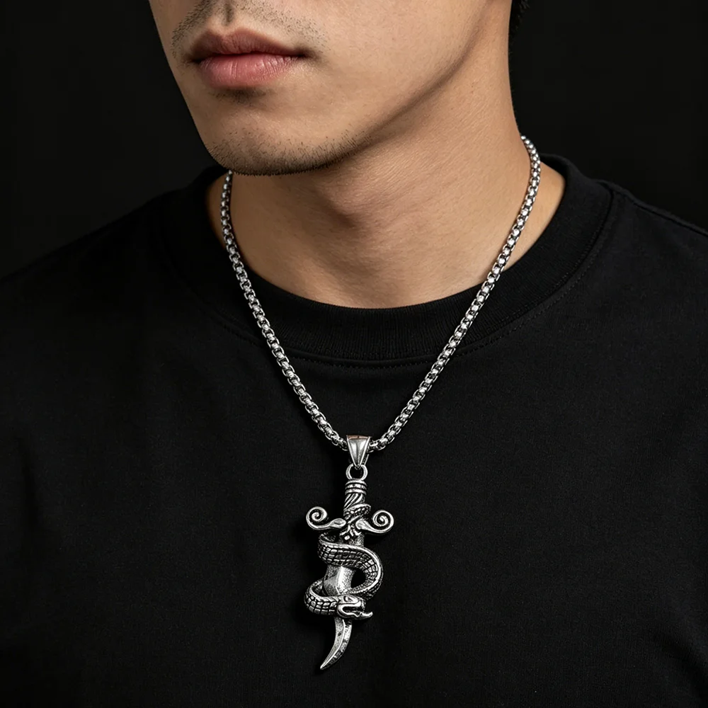 Retro cast python stainless steel necklace, waterproof and non-fading blackening process, bulk sales pendant